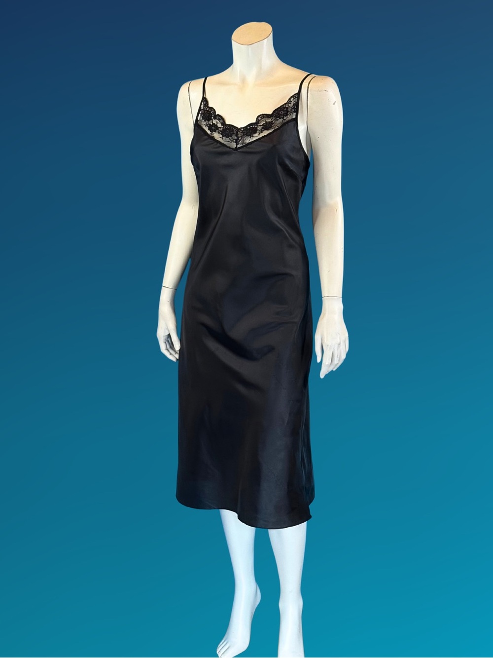 Vintage 90s Black Slip Dress with Lace Trim | Minimalist Romantic Goth Dress | S